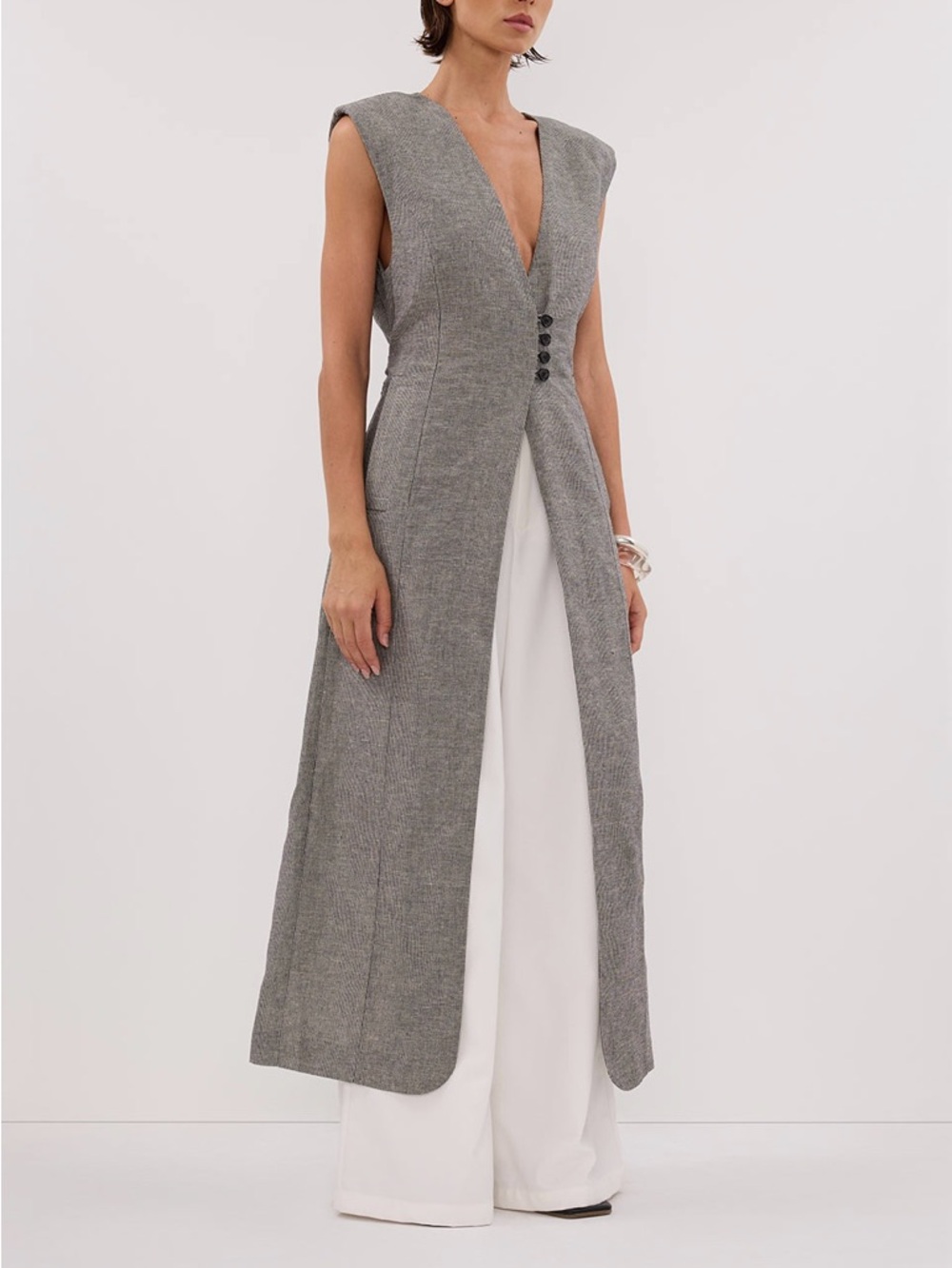 DISSH Grey Sleeveless Long Vest Dress with Deep V - Picture 2 of 7
